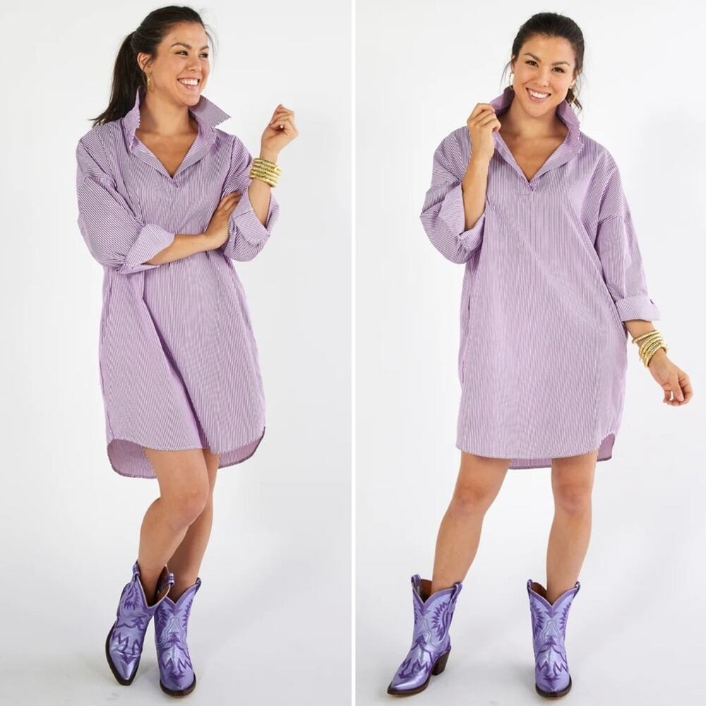 Caryn Lawn Preppy Gameday Purple Stripe Shirt Dress